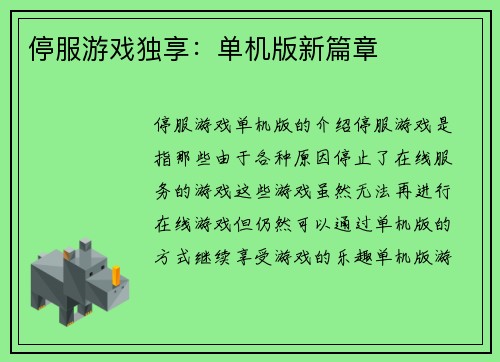 停服游戏独享：单机版新篇章